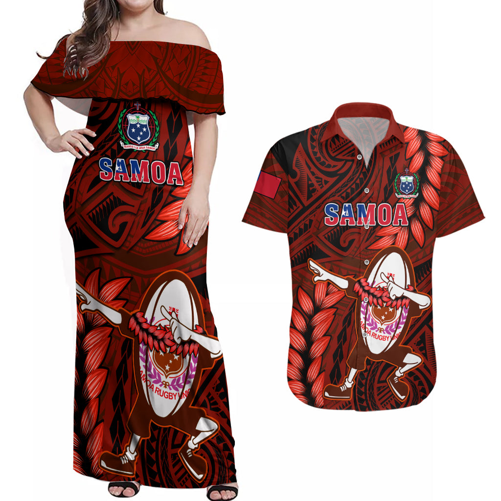 Samoa Rugby Couples Matching Off Shoulder Maxi Dress and Hawaiian Shirt Manu Samoa Ula Fala Dabbing Ball Polynesian Red Version - Wonder Print Shop