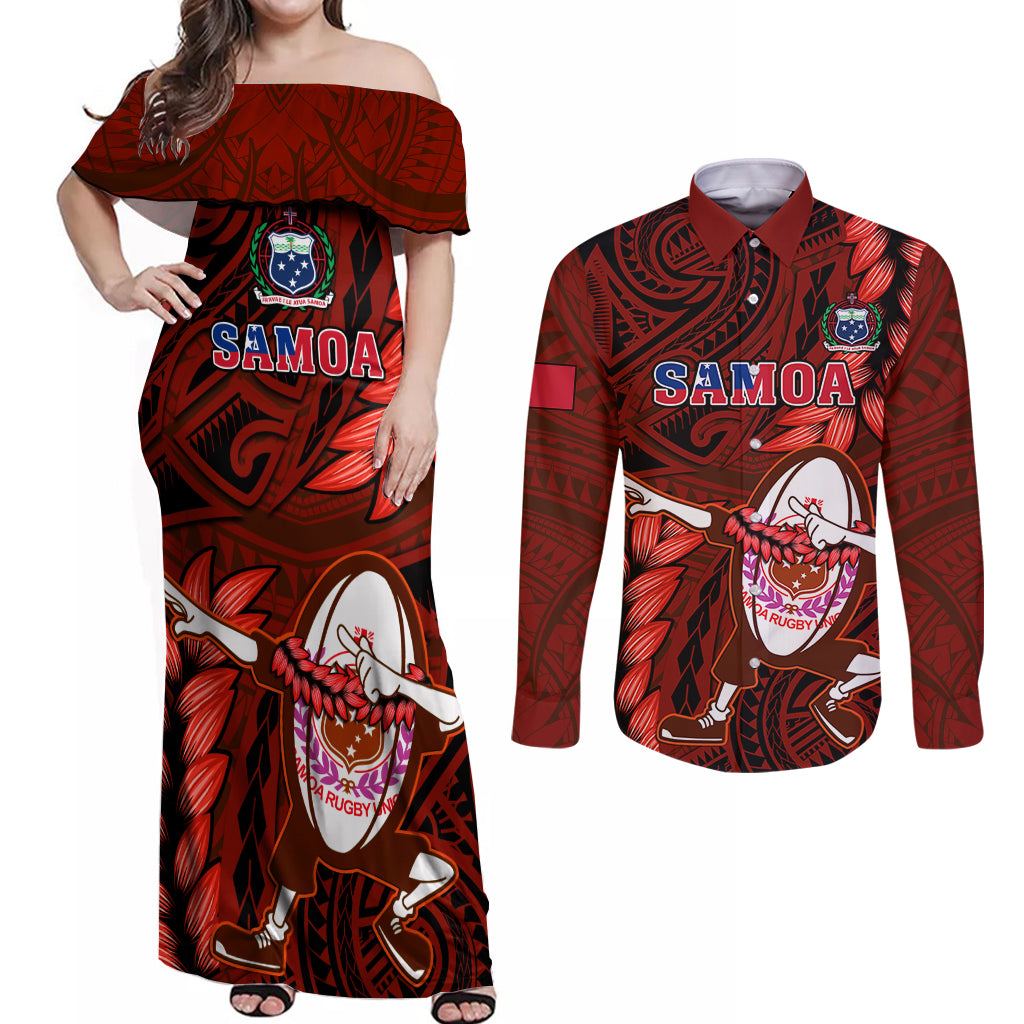 Samoa Rugby Couples Matching Off Shoulder Maxi Dress and Long Sleeve Button Shirts Manu Samoa Ula Fala Dabbing Ball Polynesian Red Version - Wonder Print Shop