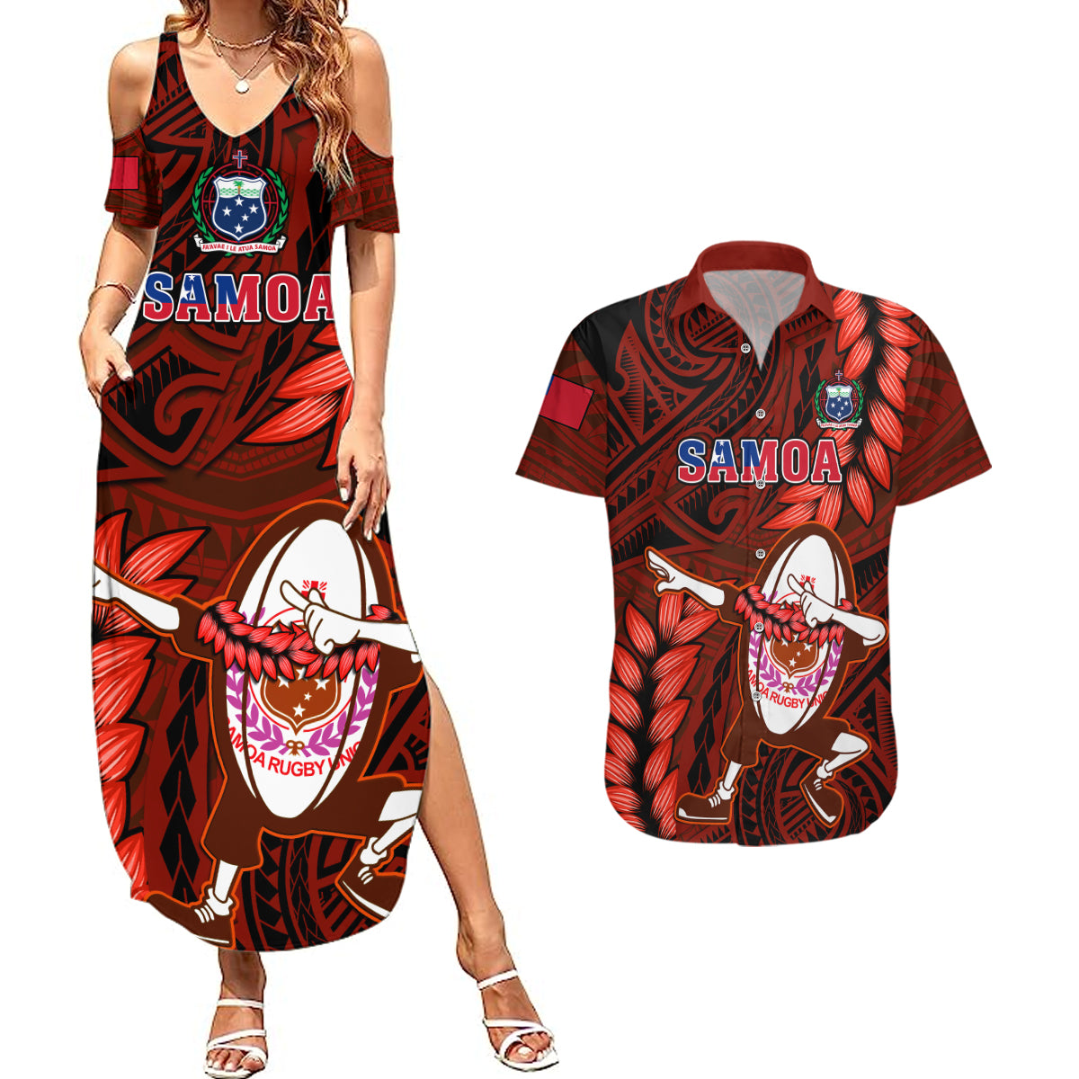 Samoa Rugby Couples Matching Summer Maxi Dress and Hawaiian Shirt Manu Samoa Ula Fala Dabbing Ball Polynesian Red Version - Wonder Print Shop