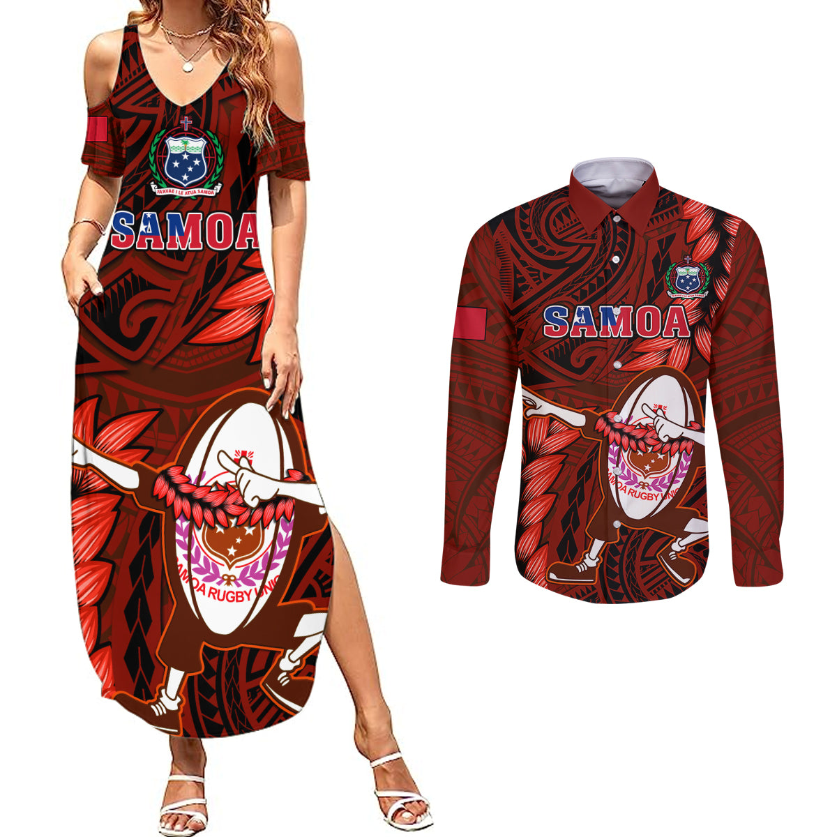 Samoa Rugby Couples Matching Summer Maxi Dress and Long Sleeve Button Shirts Manu Samoa Ula Fala Dabbing Ball Polynesian Red Version - Wonder Print Shop