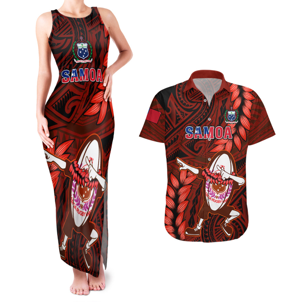 Samoa Rugby Couples Matching Tank Maxi Dress and Hawaiian Shirt Manu Samoa Ula Fala Dabbing Ball Polynesian Red Version - Wonder Print Shop