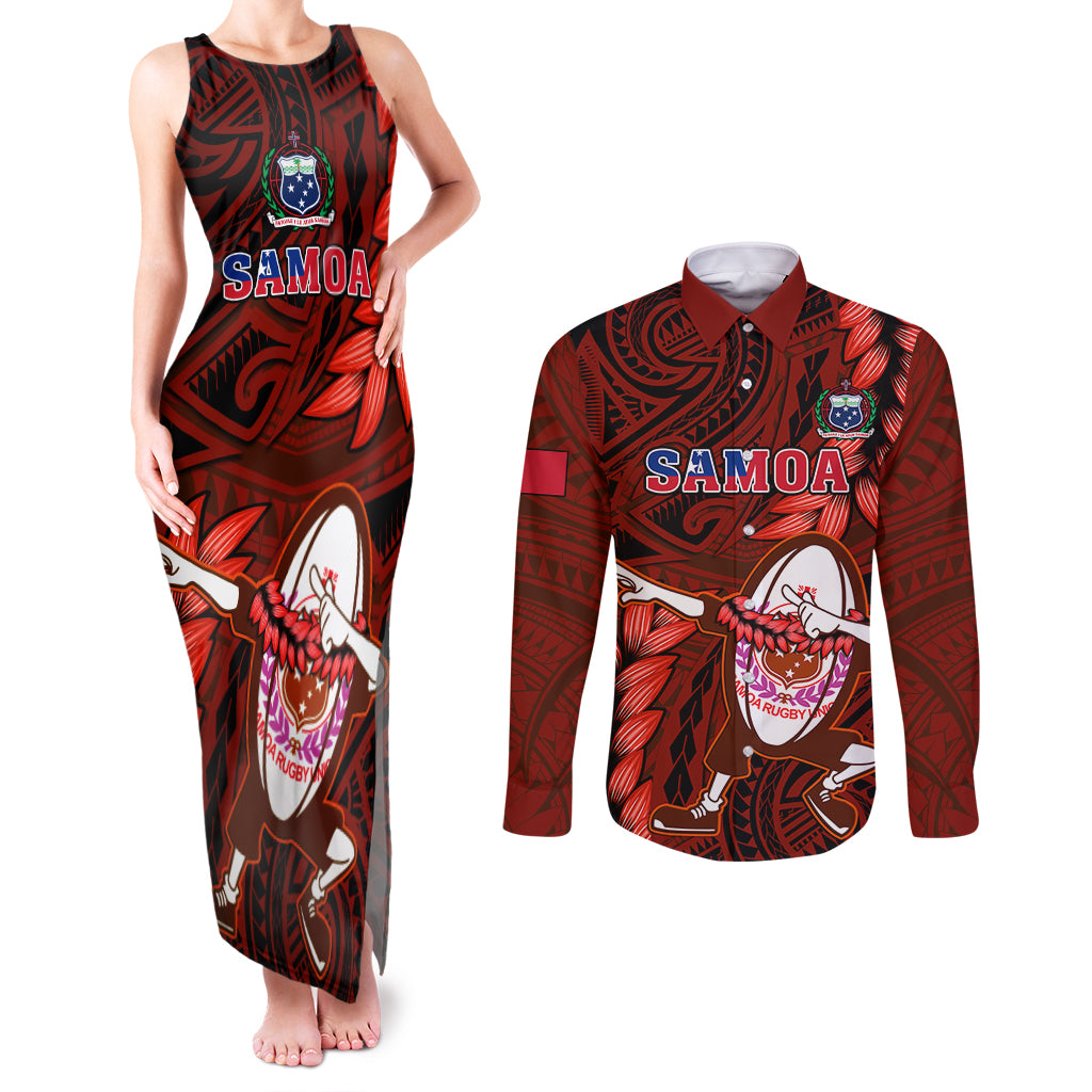 Samoa Rugby Couples Matching Tank Maxi Dress and Long Sleeve Button Shirts Manu Samoa Ula Fala Dabbing Ball Polynesian Red Version - Wonder Print Shop