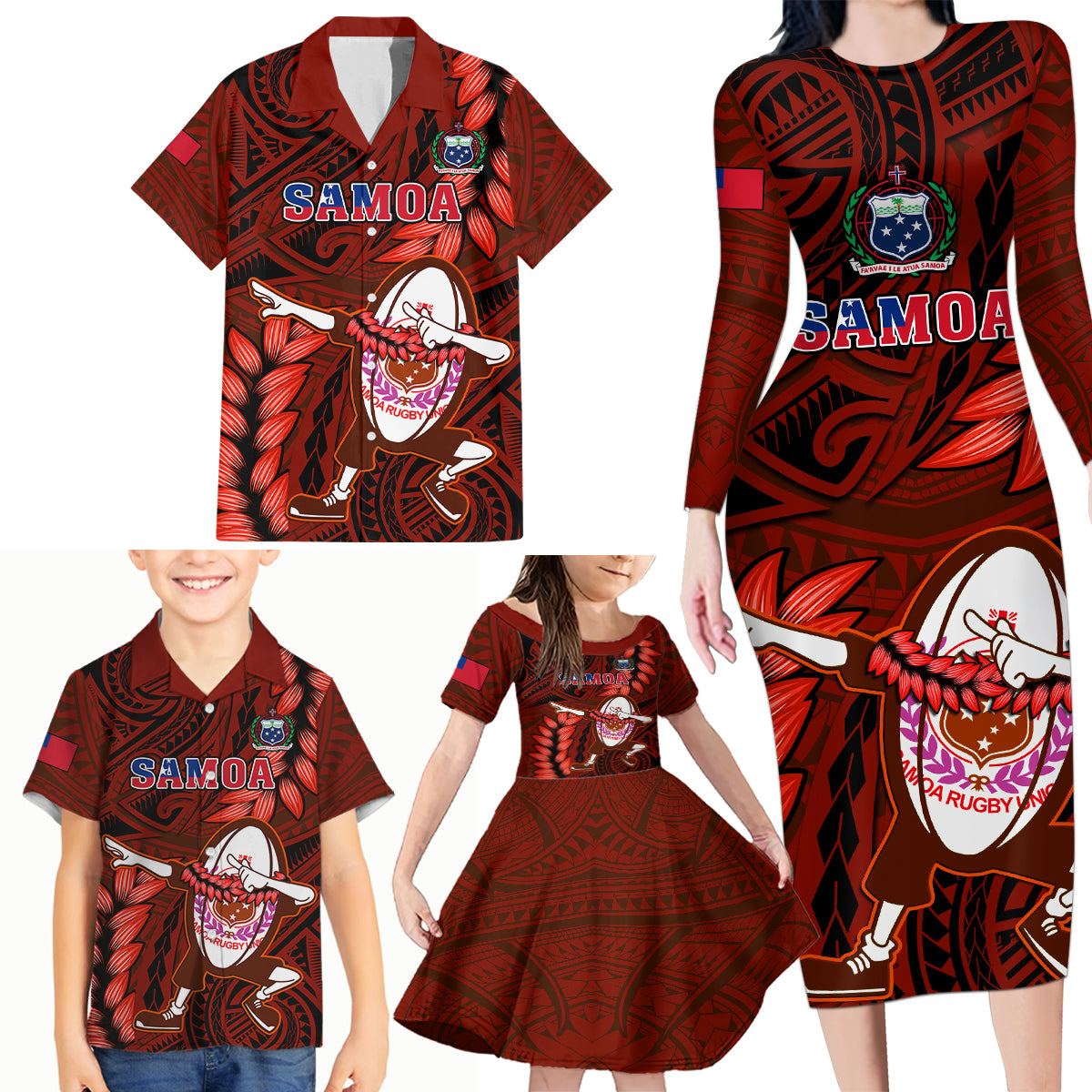 Samoa Rugby Family Matching Long Sleeve Bodycon Dress and Hawaiian Shirt Manu Samoa Ula Fala Dabbing Ball Polynesian Red Version - Wonder Print Shop