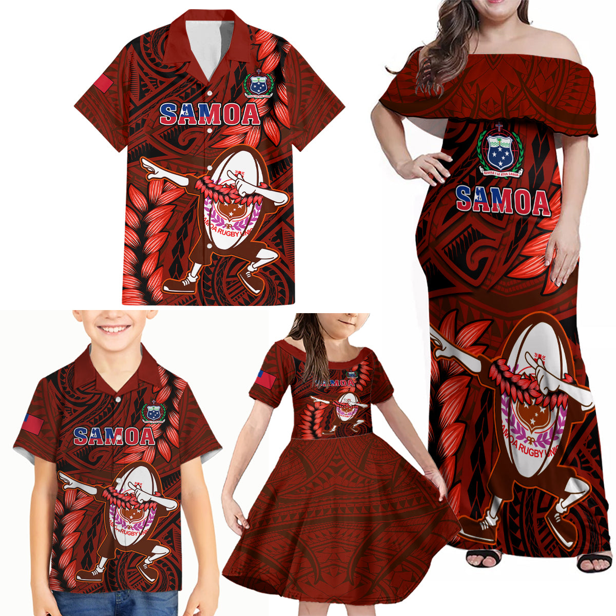 Samoa Rugby Family Matching Off Shoulder Maxi Dress and Hawaiian Shirt Manu Samoa Ula Fala Dabbing Ball Polynesian Red Version - Wonder Print Shop