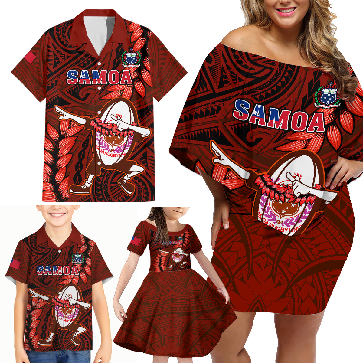 Samoa Rugby Family Matching Off Shoulder Short Dress and Hawaiian Shirt Manu Samoa Ula Fala Dabbing Ball Polynesian Red Version - Wonder Print Shop