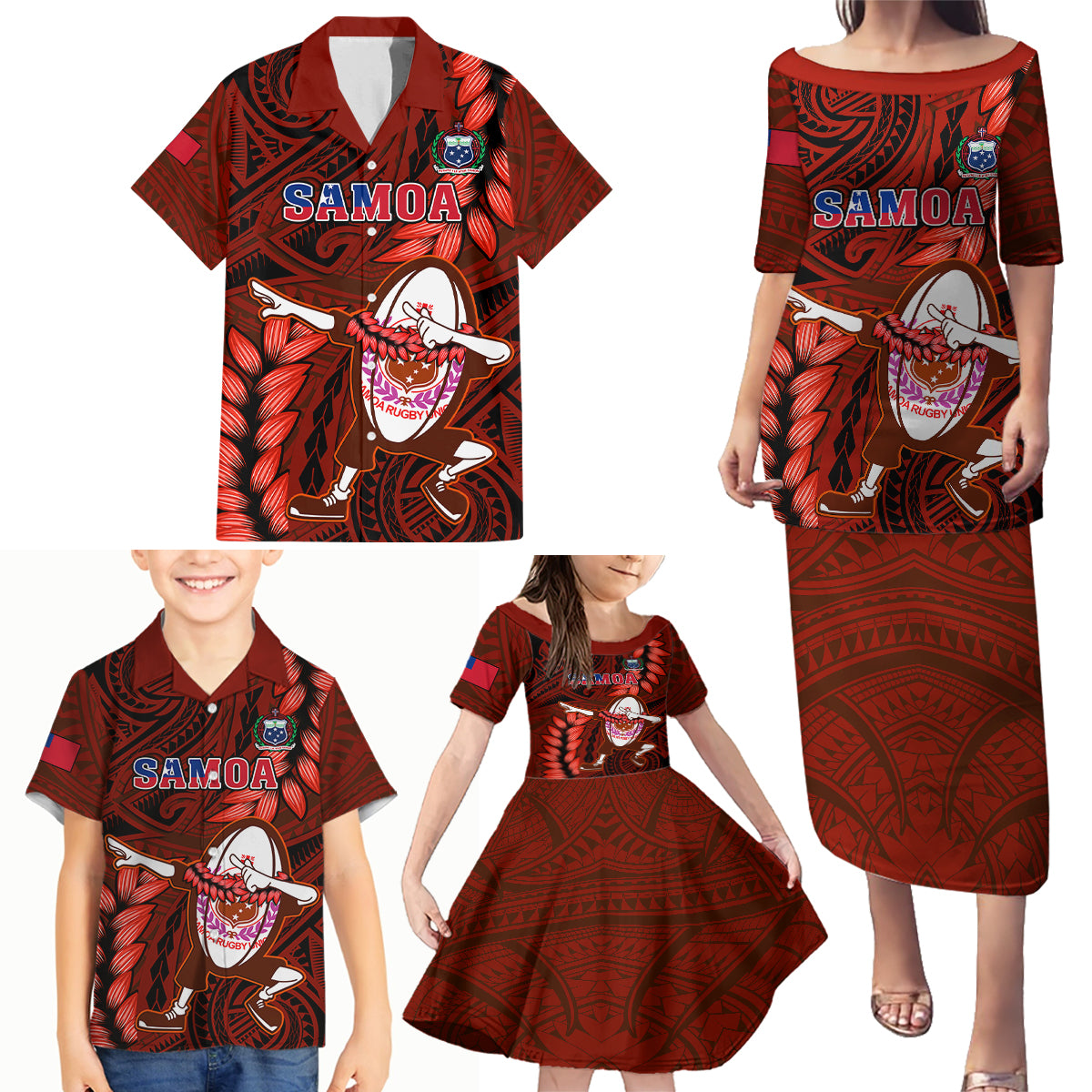 Samoa Rugby Family Matching Puletasi Dress and Hawaiian Shirt Manu Samoa Ula Fala Dabbing Ball Polynesian Red Version - Wonder Print Shop