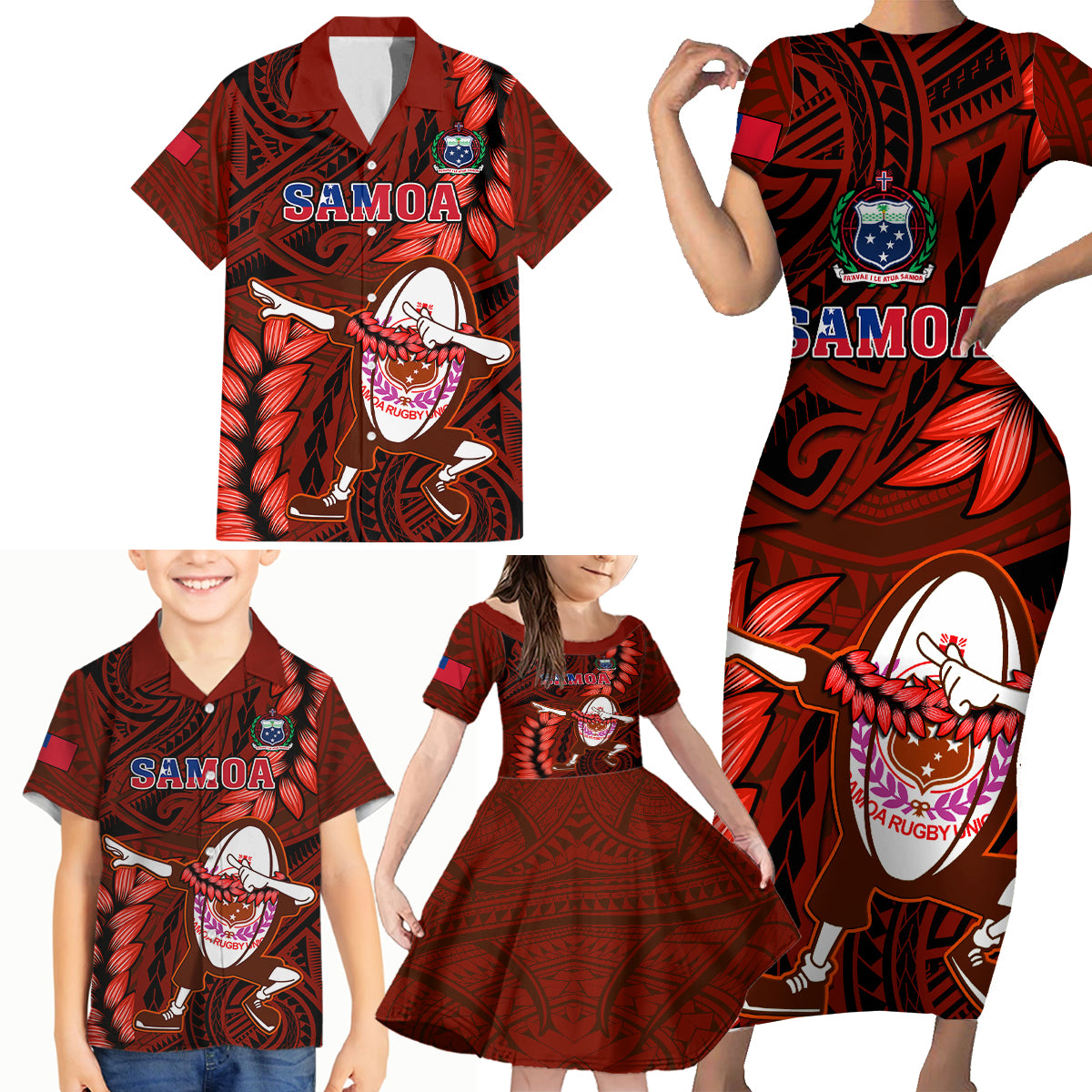 Samoa Rugby Family Matching Short Sleeve Bodycon Dress and Hawaiian Shirt Manu Samoa Ula Fala Dabbing Ball Polynesian Red Version - Wonder Print Shop