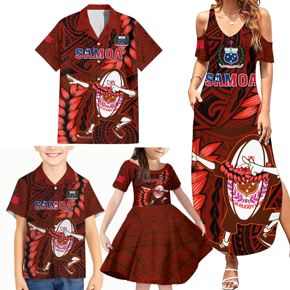 Samoa Rugby Family Matching Summer Maxi Dress and Hawaiian Shirt Manu Samoa Ula Fala Dabbing Ball Polynesian Red Version - Wonder Print Shop