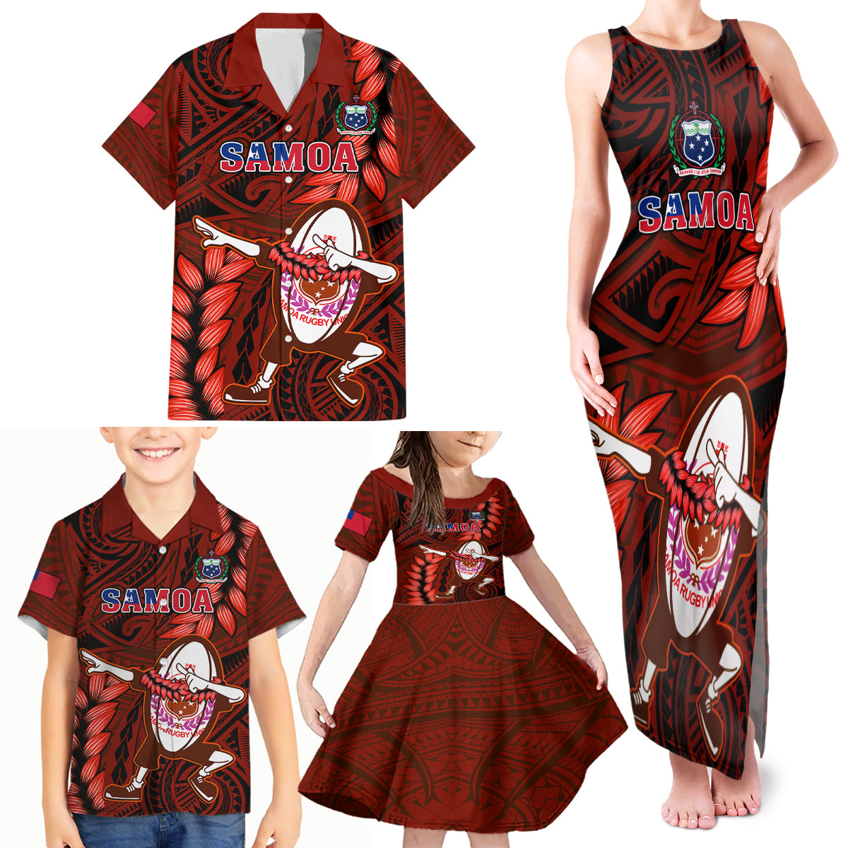 Samoa Rugby Family Matching Tank Maxi Dress and Hawaiian Shirt Manu Samoa Ula Fala Dabbing Ball Polynesian Red Version - Wonder Print Shop