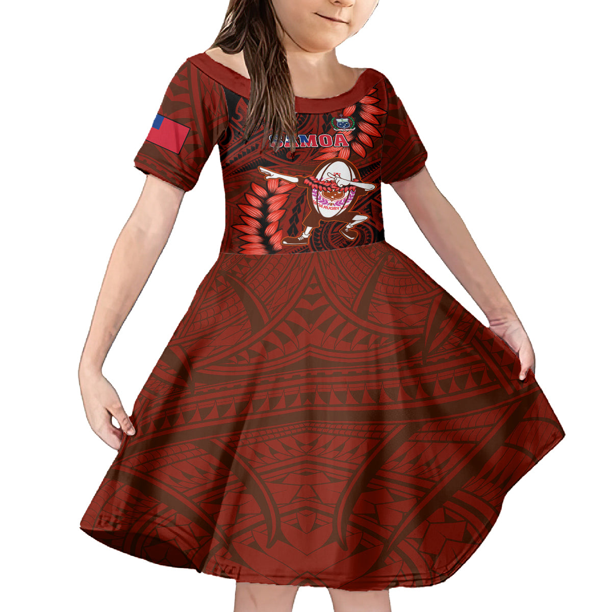 Samoa Rugby Kid Short Sleeve Dress Manu Samoa Ula Fala Dabbing Ball Polynesian Red Version - Wonder Print Shop