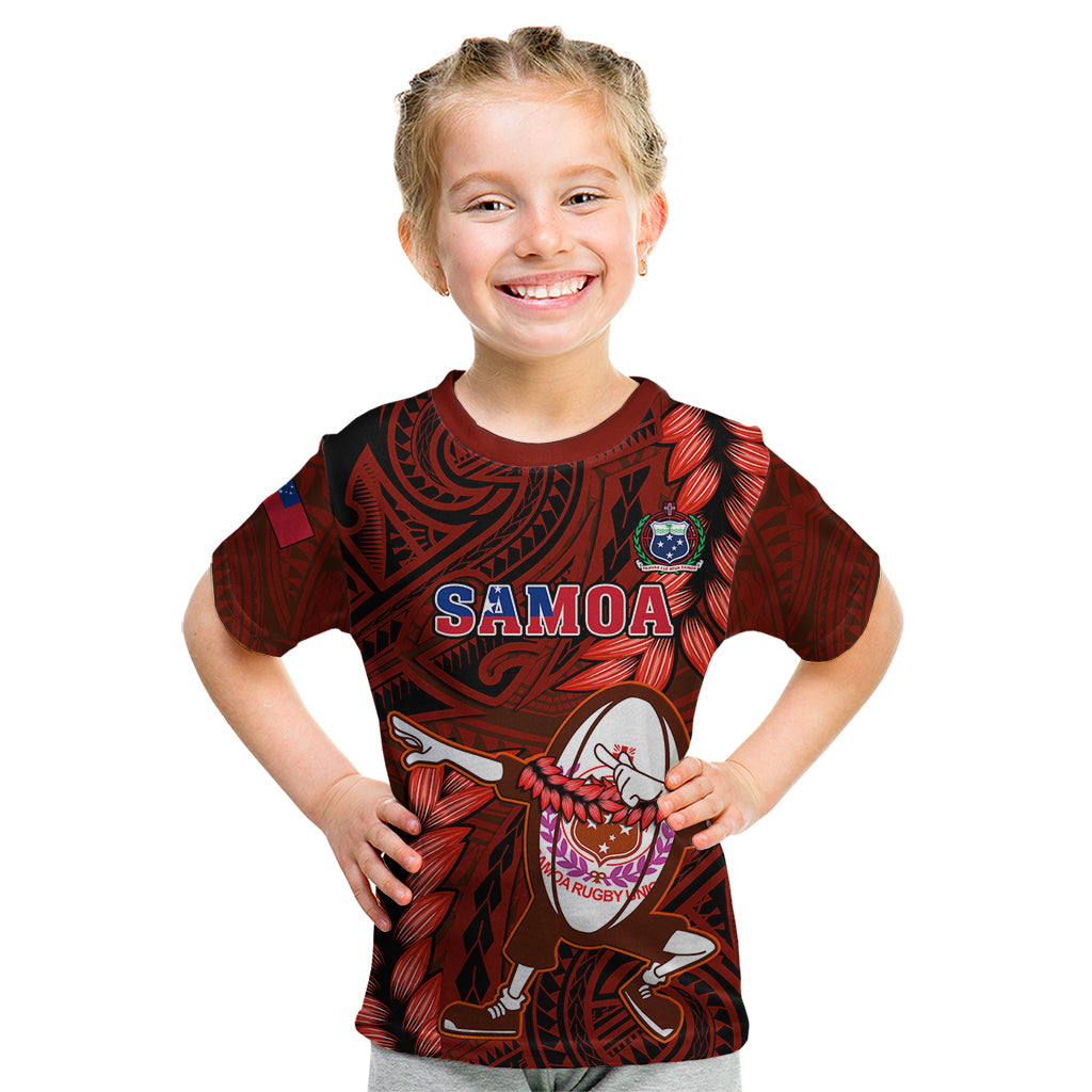 Samoa Rugby Kid T Shirt Manu Samoa Ula Fala Dabbing Ball Polynesian Red Version - Wonder Print Shop