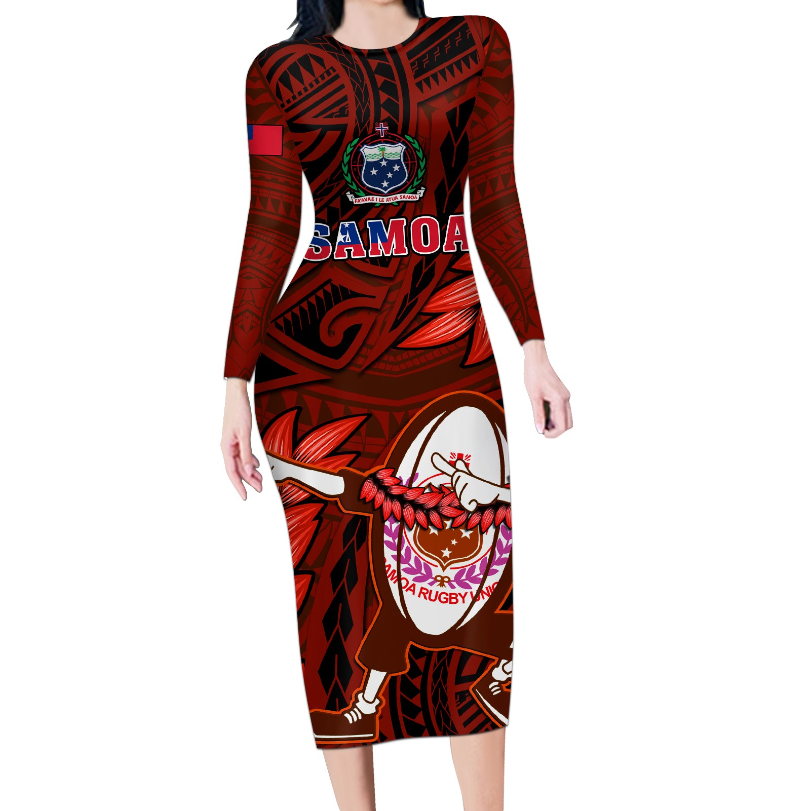 Samoa Rugby Long Sleeve Bodycon Dress Manu Samoa Ula Fala Dabbing Ball Polynesian Red Version - Wonder Print Shop