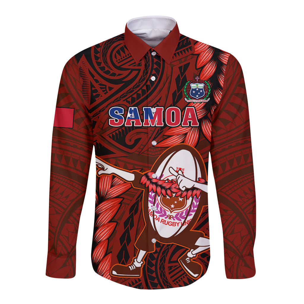 Samoa Rugby Long Sleeve Button Shirt Manu Samoa Ula Fala Dabbing Ball Polynesian Red Version - Wonder Print Shop