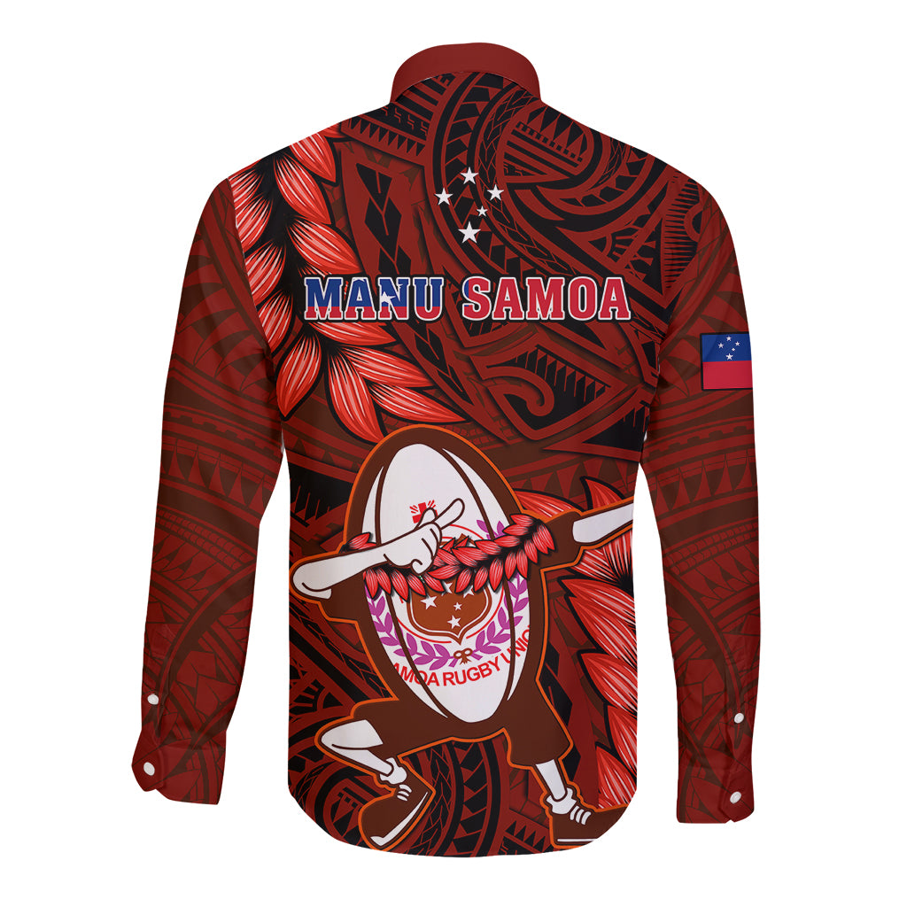 Red long-sleeve rugby button shirt, back view with Manu Samoa text and flag patch