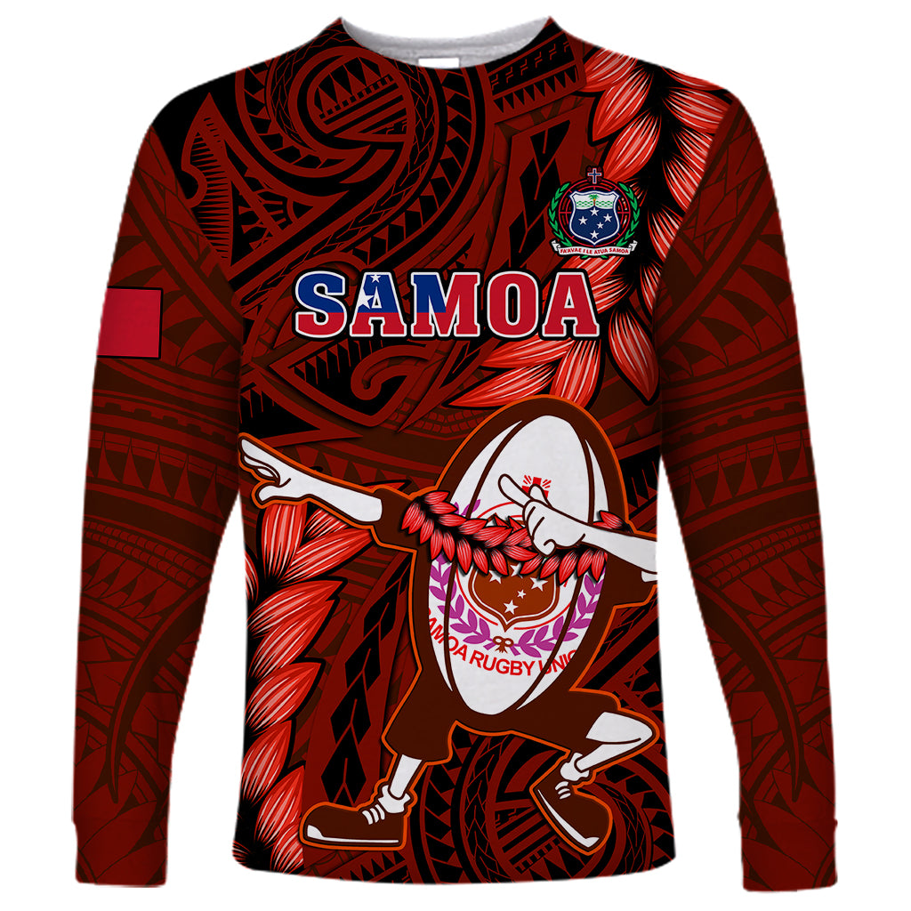 Samoa Rugby Long Sleeve Shirt Manu Samoa Ula Fala Dabbing Ball Polynesian Red Version - Wonder Print Shop