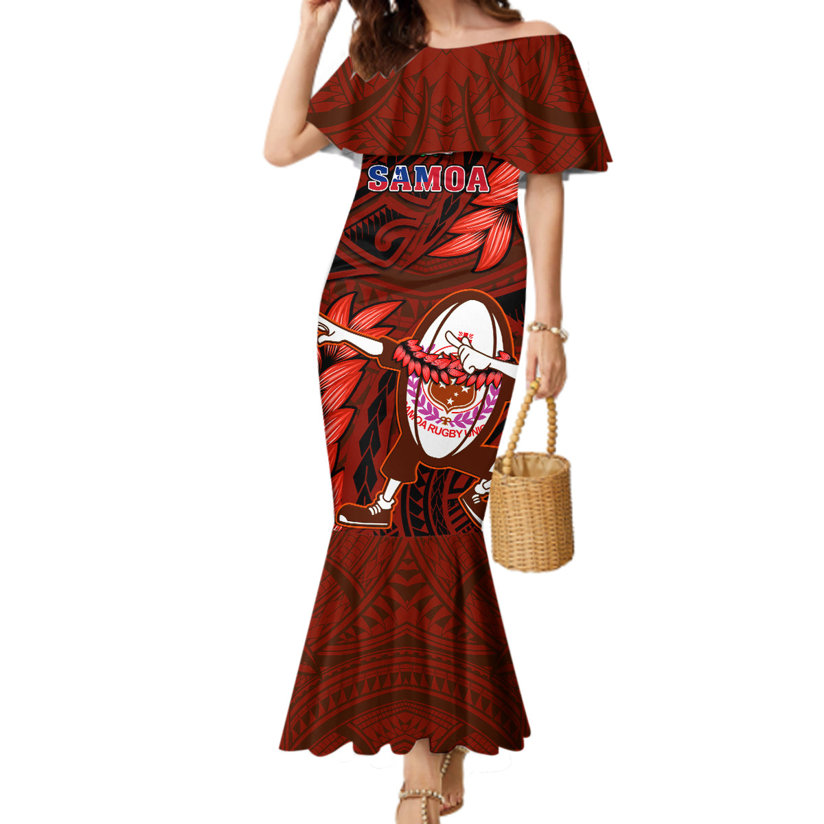 Samoa Rugby Mermaid Dress Manu Samoa Ula Fala Dabbing Ball Polynesian Red Version - Wonder Print Shop