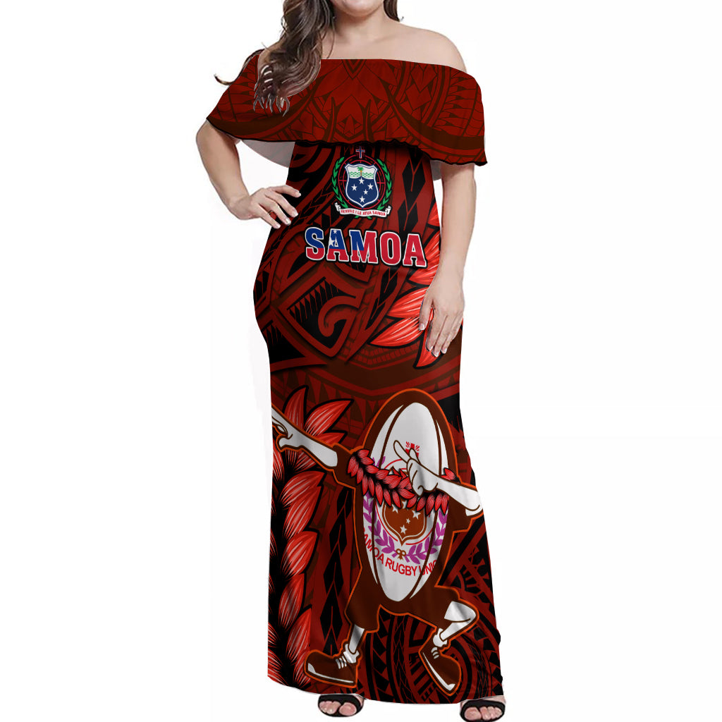 Samoa Rugby Off Shoulder Maxi Dress Manu Samoa Ula Fala Dabbing Ball Polynesian Red Version - Wonder Print Shop