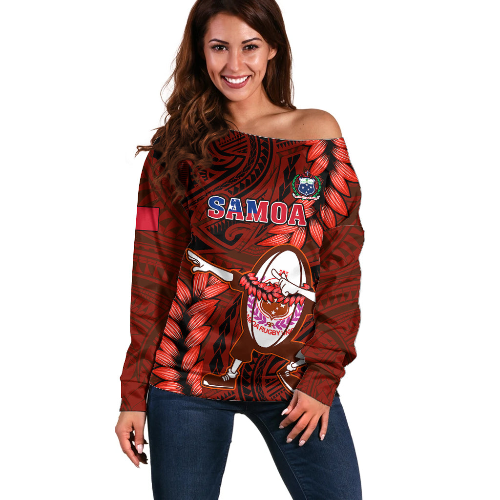 Samoa Rugby Off Shoulder Sweater Manu Samoa Ula Fala Dabbing Ball Polynesian Red Version - Wonder Print Shop