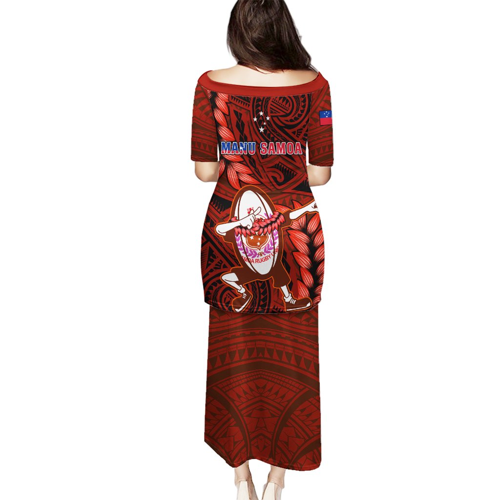 Red long rugby dress back view with MANU SAMOA text and large tribal print, 3/4 sleeves
