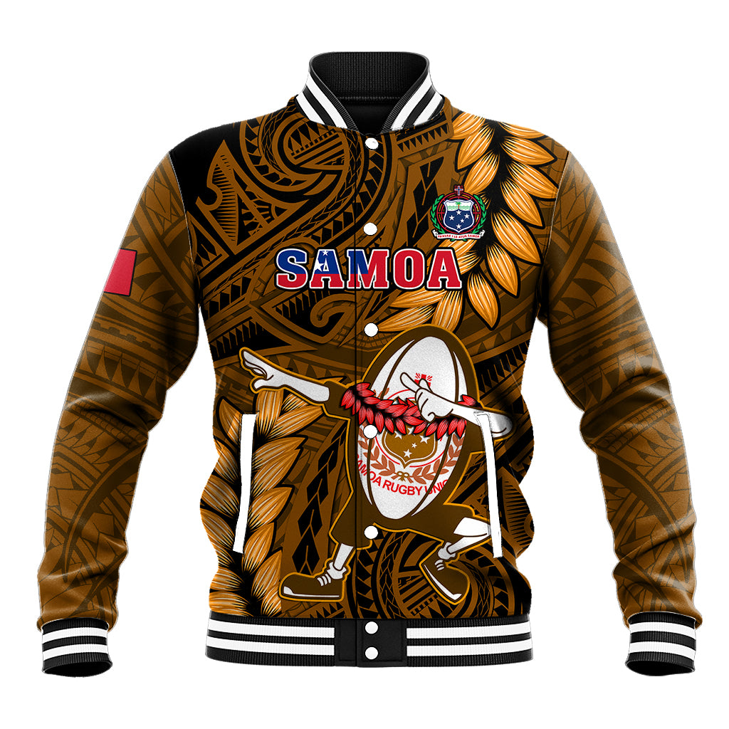 Gold varsity jacket with black tribal prints, Samoa graphic on front, striped cuffs and hem