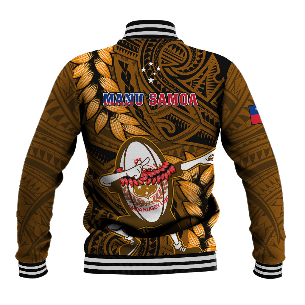 Gold varsity jacket back with MANU SAMOA text, tribal leaf prints, striped collar and cuffs