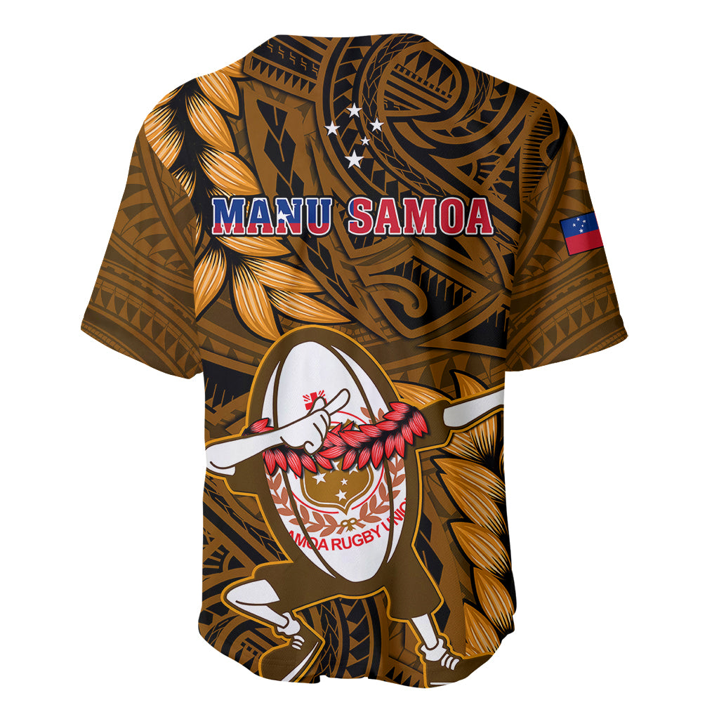 Gold Manu Samoa rugby-style baseball jersey, back view with crest and tribal leaf pattern