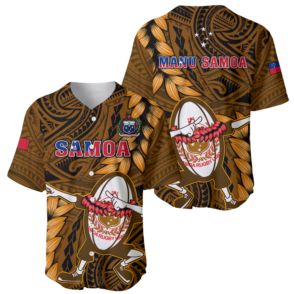 Gold Samoa rugby-style jersey showing front and back, button front and tribal graphics