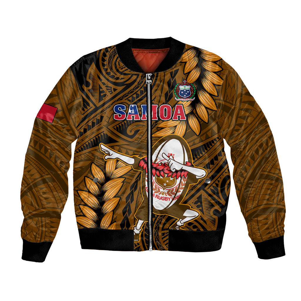 Gold rugby bomber jacket with full-zip front, ribbed cuffs, and Manu Samoa graphic patch