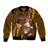 Gold rugby bomber jacket with full-zip front, ribbed cuffs, and Manu Samoa graphic patch
