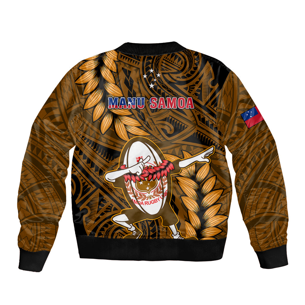 Gold rugby bomber jacket with MANU SAMOA text, zip front, ribbed hem, leaf pattern