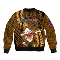 Gold rugby bomber jacket with MANU SAMOA text, zip front, ribbed hem, leaf pattern
