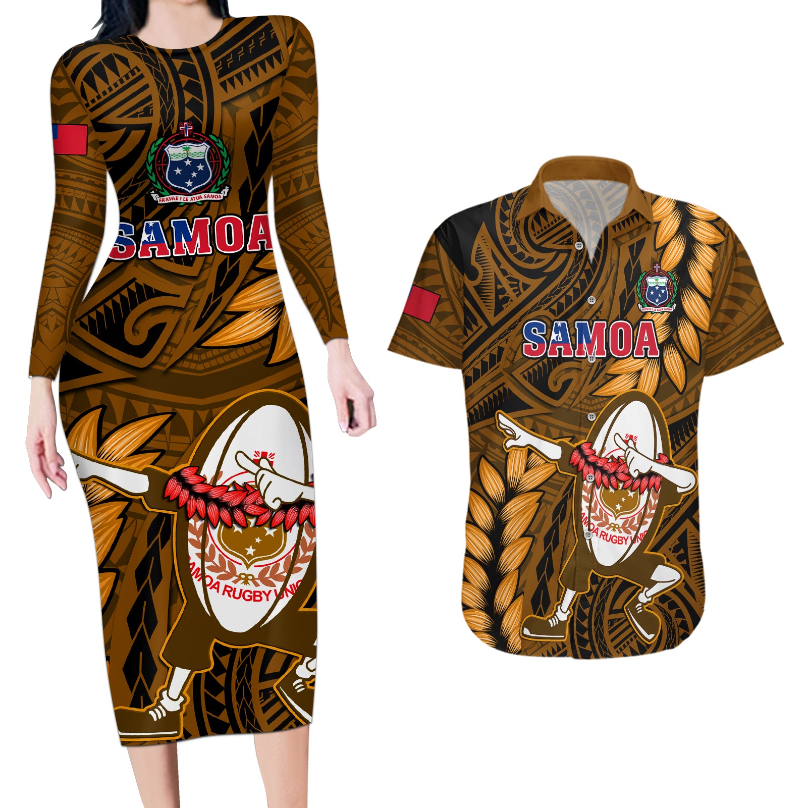 Samoa Rugby Couples Matching Long Sleeve Bodycon Dress and Hawaiian Shirt Manu Samoa Ula Fala Dabbing Ball Polynesian Gold Version - Wonder Print Shop