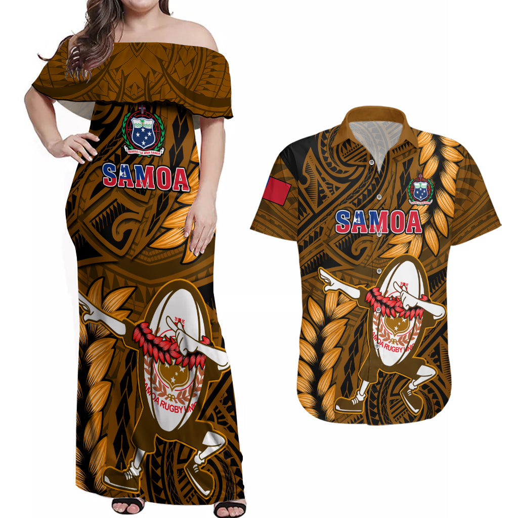 Samoa Rugby Couples Matching Off Shoulder Maxi Dress and Hawaiian Shirt Manu Samoa Ula Fala Dabbing Ball Polynesian Gold Version - Wonder Print Shop