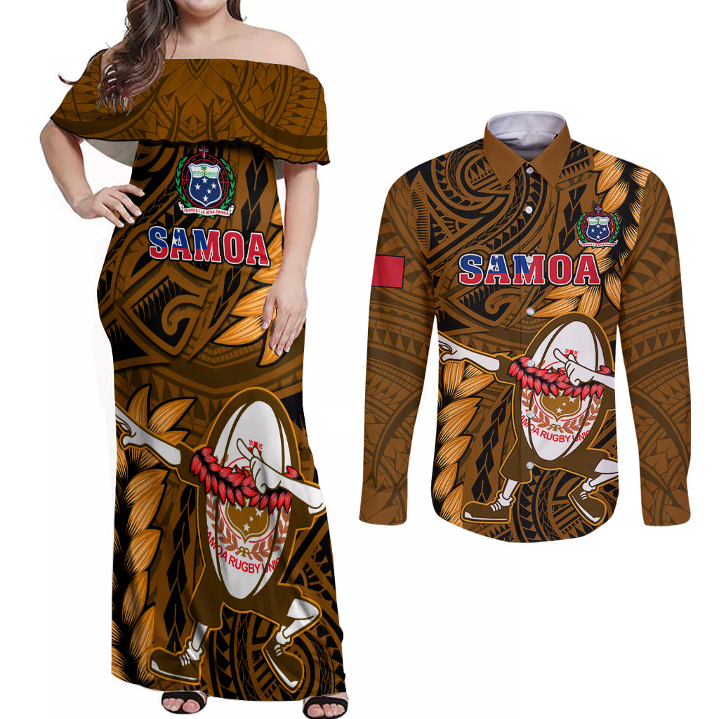 Samoa Rugby Couples Matching Off Shoulder Maxi Dress and Long Sleeve Button Shirts Manu Samoa Ula Fala Dabbing Ball Polynesian Gold Version - Wonder Print Shop