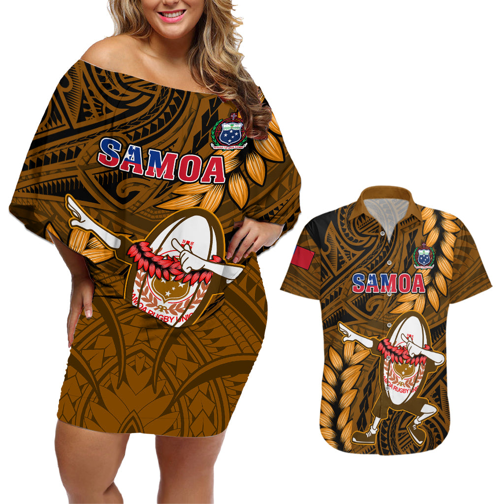 Samoa Rugby Couples Matching Off Shoulder Short Dress and Hawaiian Shirt Manu Samoa Ula Fala Dabbing Ball Polynesian Gold Version - Wonder Print Shop