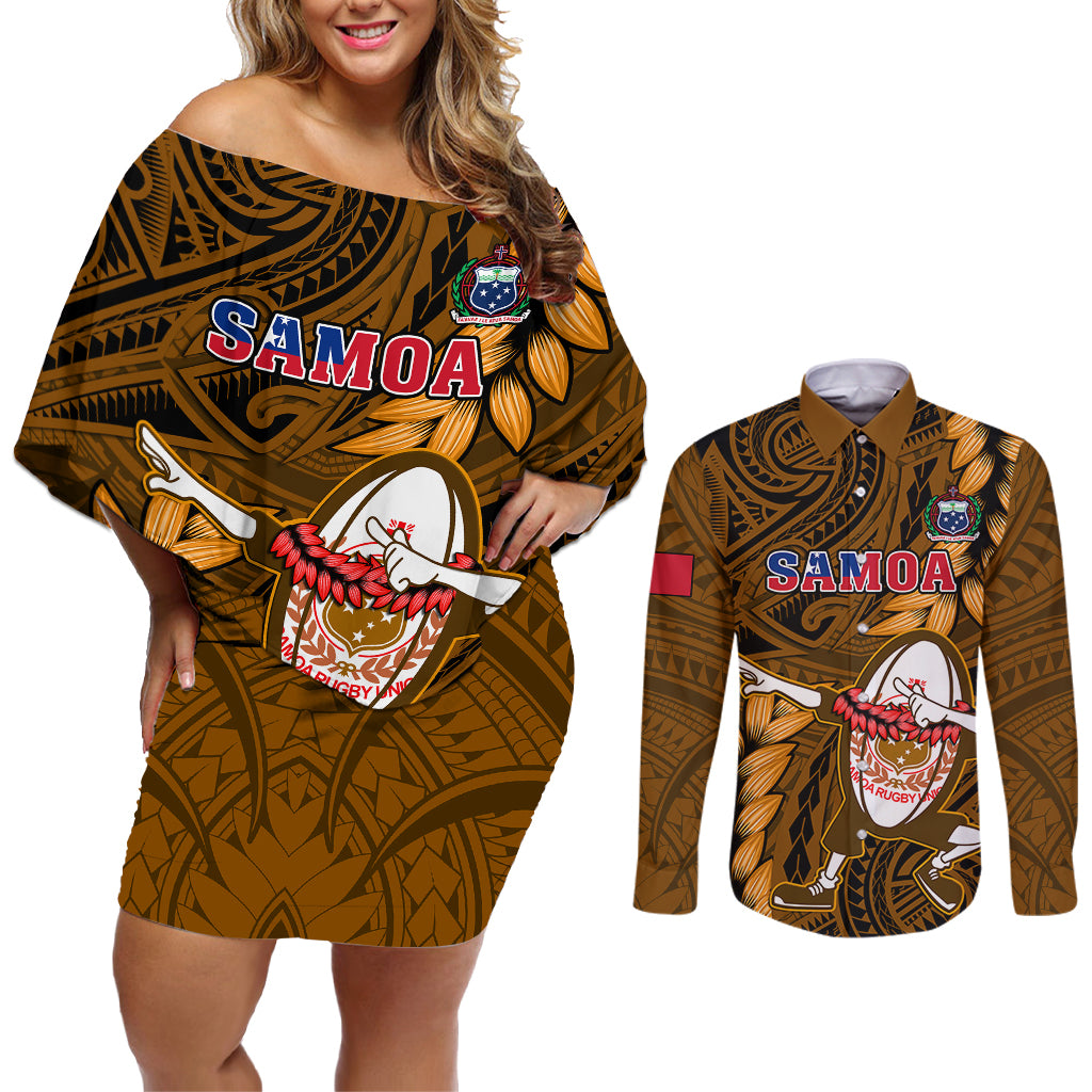 Samoa Rugby Couples Matching Off Shoulder Short Dress and Long Sleeve Button Shirts Manu Samoa Ula Fala Dabbing Ball Polynesian Gold Version - Wonder Print Shop