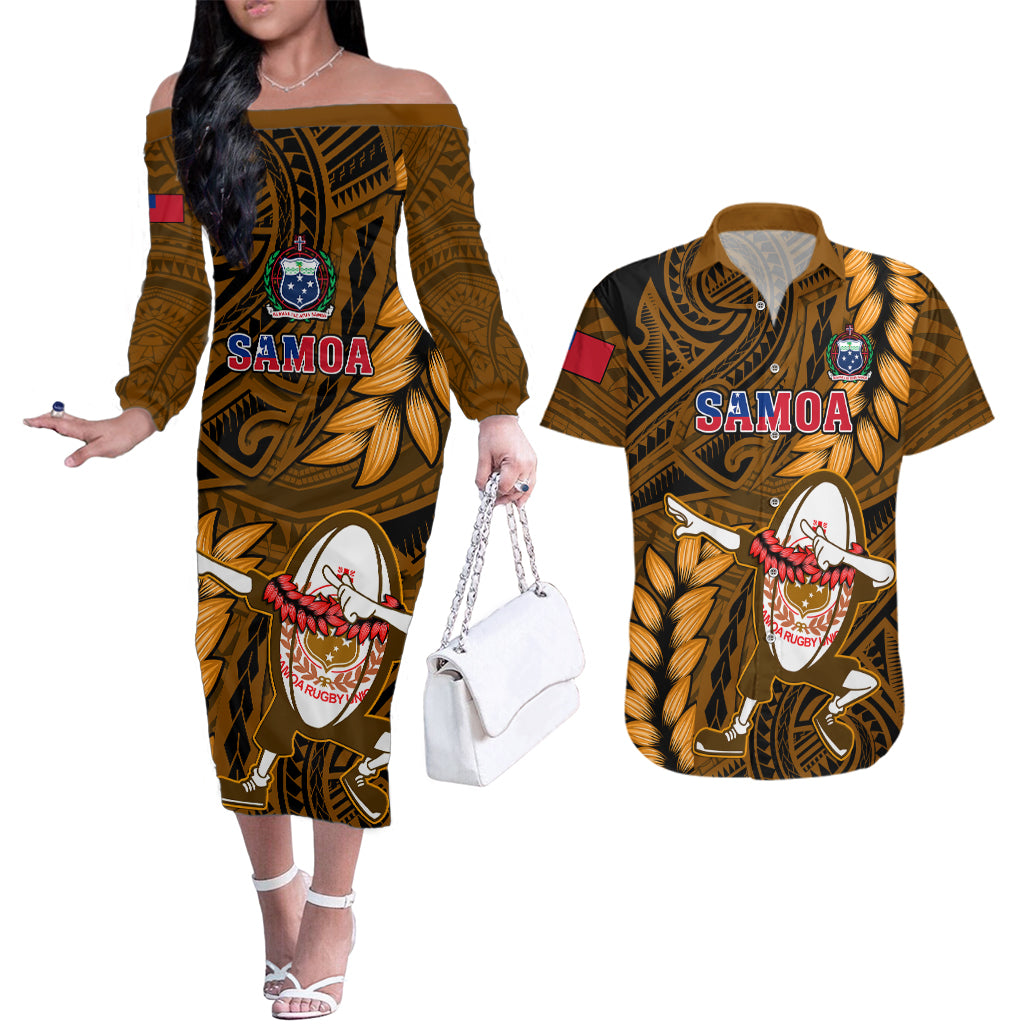 Samoa Rugby Couples Matching Off The Shoulder Long Sleeve Dress and Hawaiian Shirt Manu Samoa Ula Fala Dabbing Ball Polynesian Gold Version - Wonder Print Shop