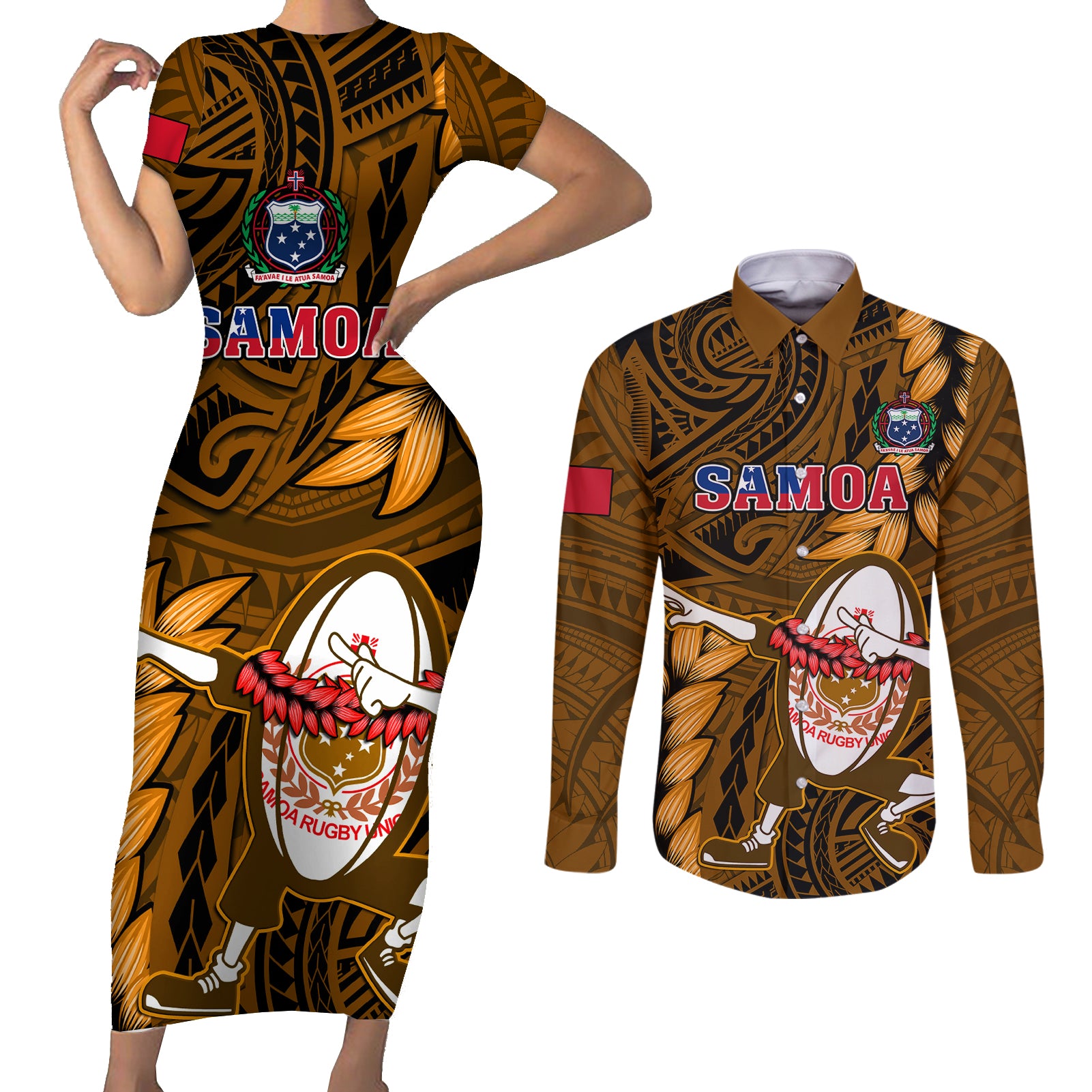 Samoa Rugby Couples Matching Short Sleeve Bodycon Dress and Long Sleeve Button Shirts Manu Samoa Ula Fala Dabbing Ball Polynesian Gold Version - Wonder Print Shop