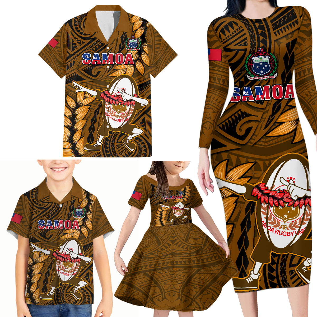 Samoa Rugby Family Matching Long Sleeve Bodycon Dress and Hawaiian Shirt Manu Samoa Ula Fala Dabbing Ball Polynesian Gold Version - Wonder Print Shop