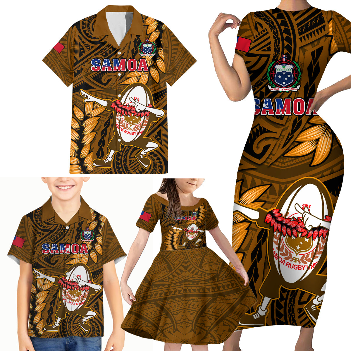 Samoa Rugby Family Matching Short Sleeve Bodycon Dress and Hawaiian Shirt Manu Samoa Ula Fala Dabbing Ball Polynesian Gold Version - Wonder Print Shop