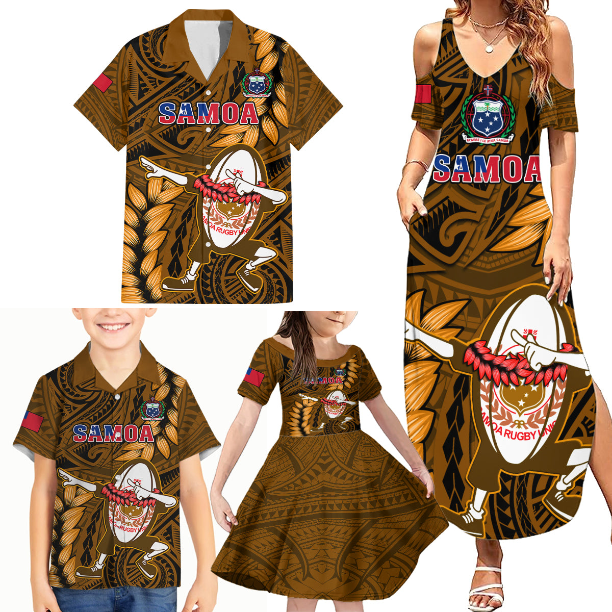 Samoa Rugby Family Matching Summer Maxi Dress and Hawaiian Shirt Manu Samoa Ula Fala Dabbing Ball Polynesian Gold Version - Wonder Print Shop