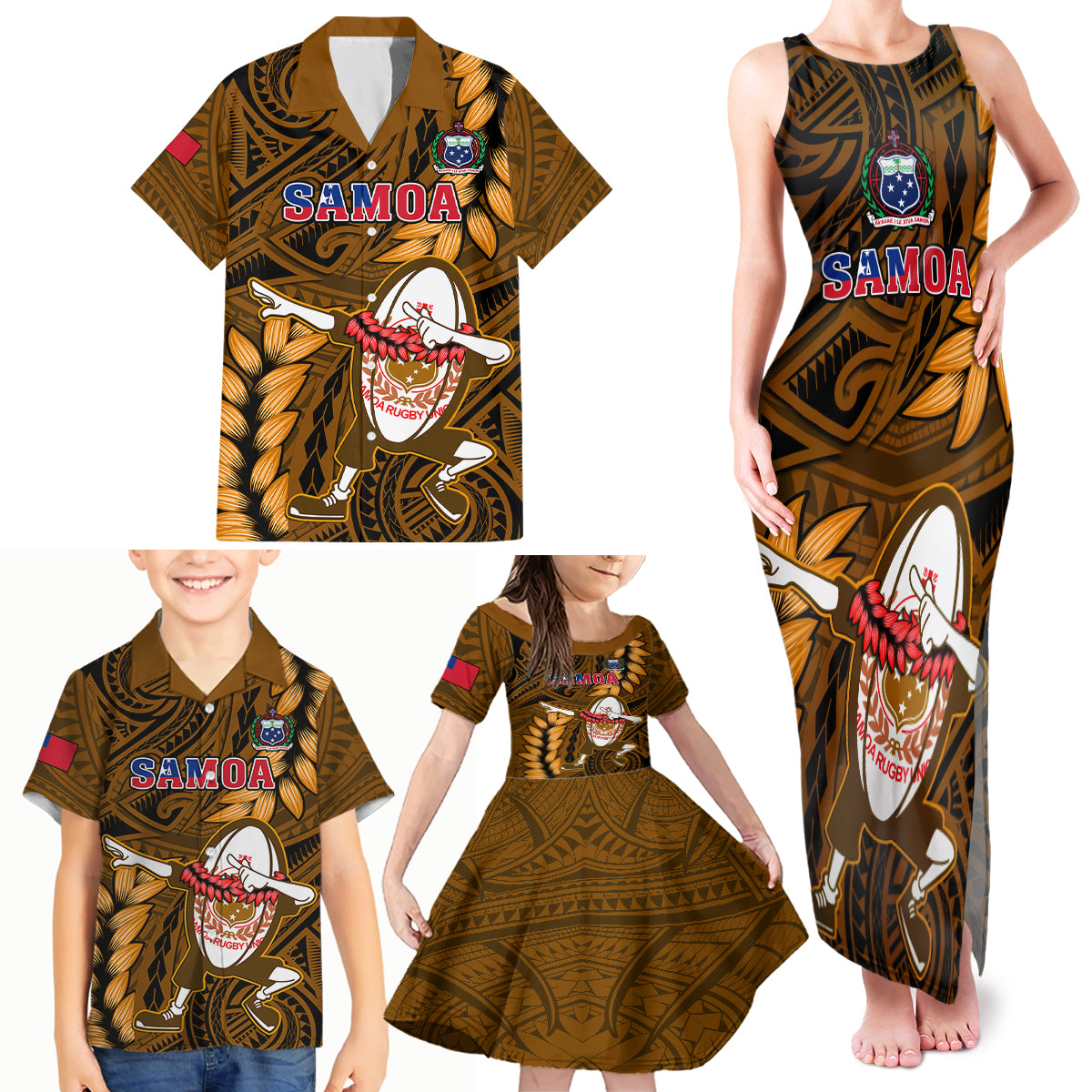 Samoa Rugby Family Matching Tank Maxi Dress and Hawaiian Shirt Manu Samoa Ula Fala Dabbing Ball Polynesian Gold Version - Wonder Print Shop