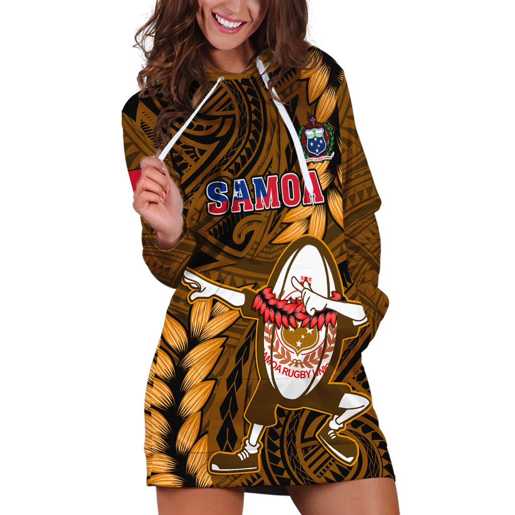 Samoa Rugby Hoodie Dress Manu Samoa Ula Fala Dabbing Ball Polynesian Gold Version - Wonder Print Shop