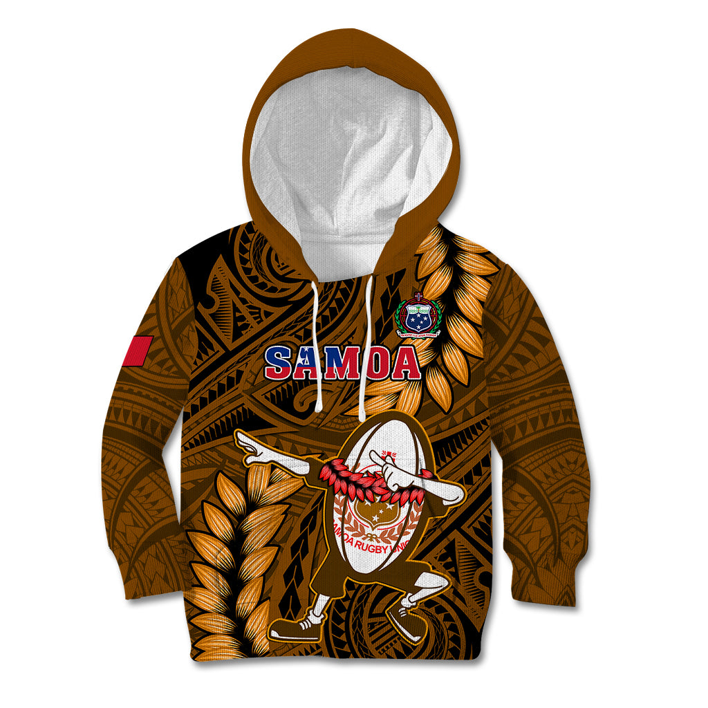 Samoa Rugby Kid Hoodie Manu Samoa Ula Fala Dabbing Ball Polynesian Gold Version - Wonder Print Shop