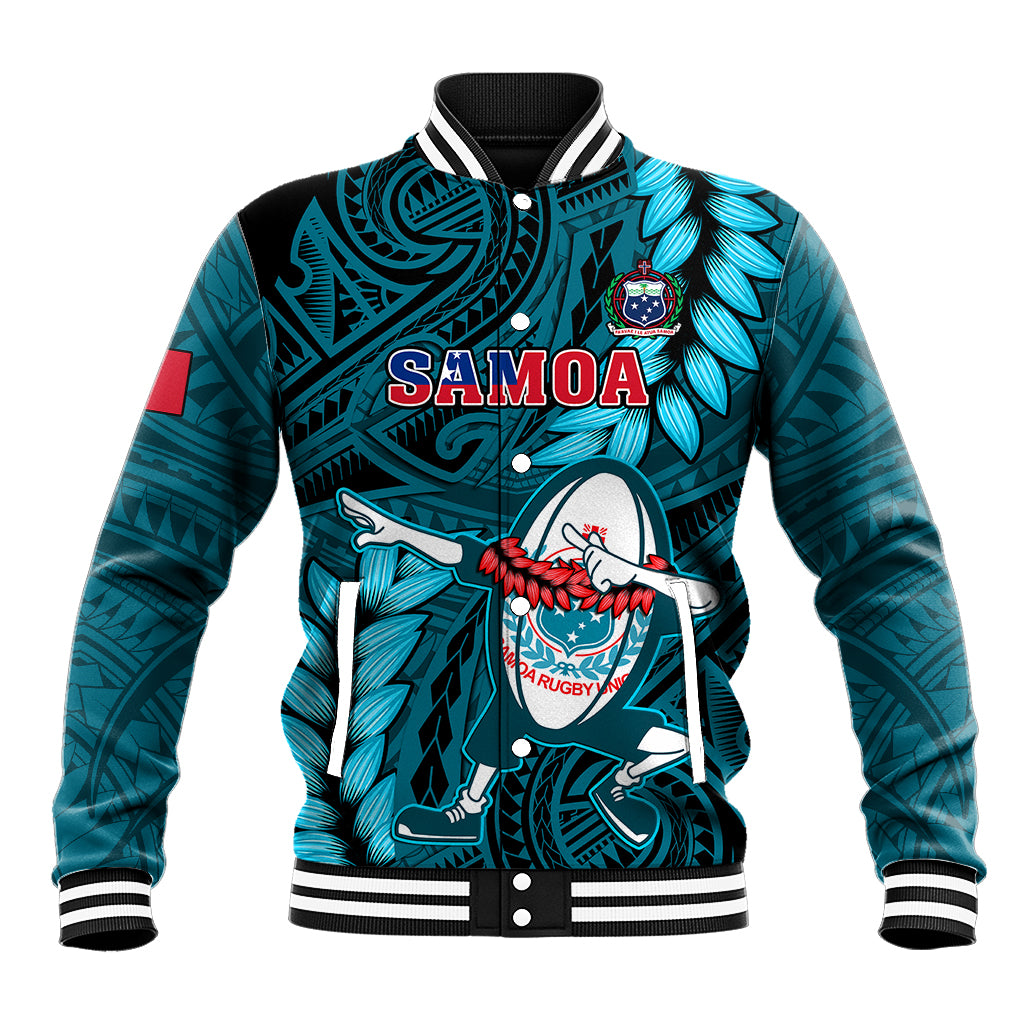 Turquoise Samoa graphic varsity baseball jacket with ribbed striped collar and snap buttons
