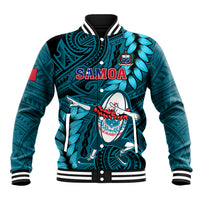 Turquoise Samoa graphic varsity baseball jacket with ribbed striped collar and snap buttons