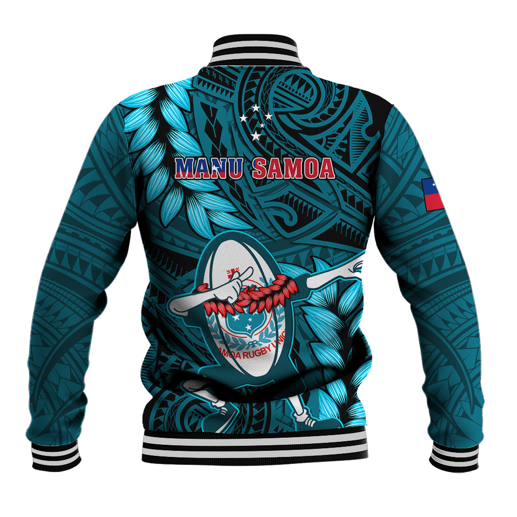 Turquoise back view rugby baseball jacket with MANU SAMOA print and striped rib hem