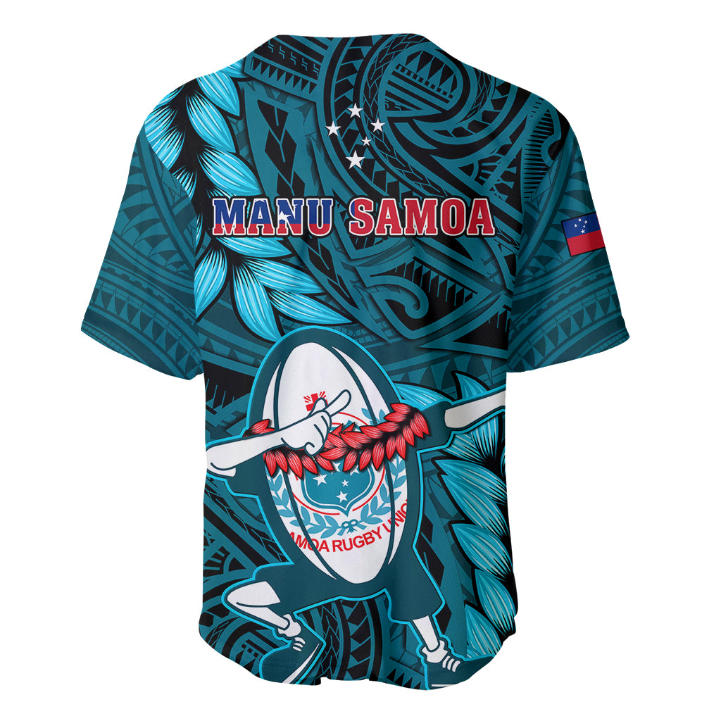Turquoise rugby jersey back with 'MANU SAMOA' lettering, tribal print, sleeve flag patch.