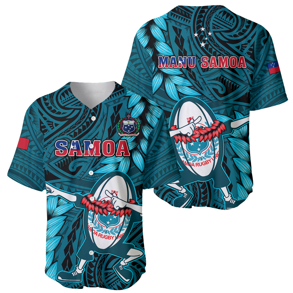 Turquoise rugby jersey showing front and back, with Samoa and MANU SAMOA prints.