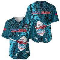 Turquoise rugby jersey showing front and back, with Samoa and MANU SAMOA prints.